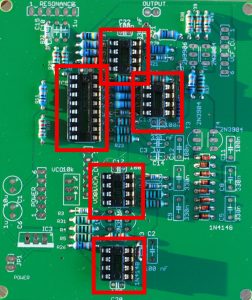 Positions of the IC sockets on the analog PCB. 