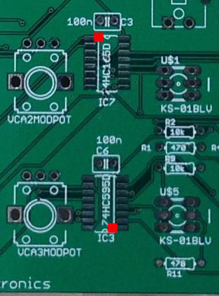 Red squares denote pin 1 on the IC's.