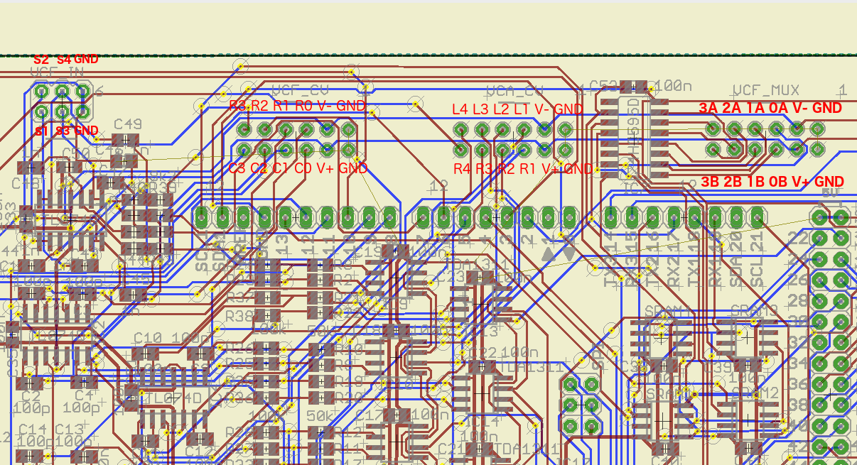Exp board rev i with annotated analog connector pinouts.
