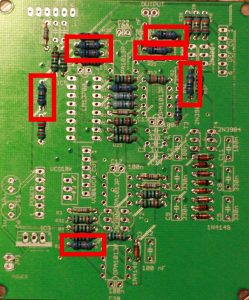 Positions of the 100k resistors on the analog PCB.