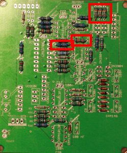 Positions of the 220k resistors on the analog PCB.