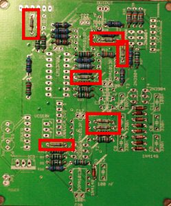 Positions of the 33k resistors on the analog PCB.